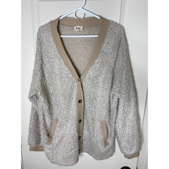 Bibi Womens XL Beige Textured‎ Cardigan With Pockets & Button Closure Boho Indie - Picture 1 of 9